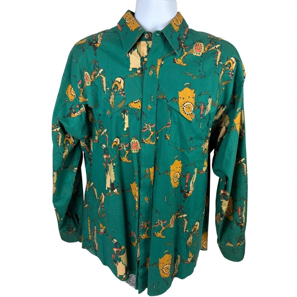 Panhandle Slim Men's Large Green Indigenous Warrior Print Western Shirt Made USA - Picture 1 of 10